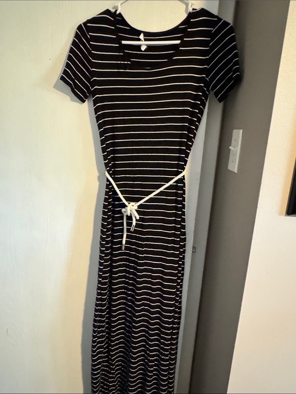 Calvin Klein Striped Black and White Maxi Dress with Waist Tie